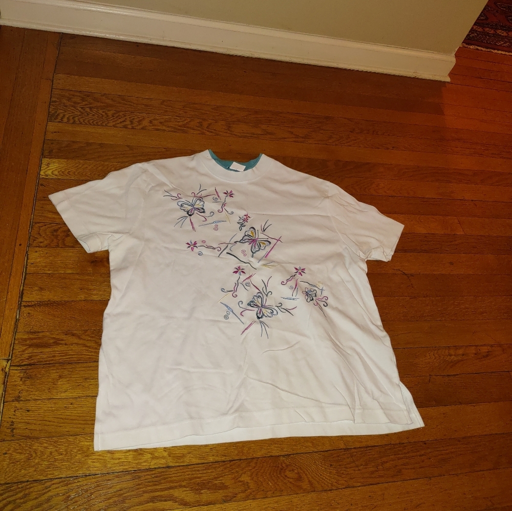 Bon Worth Butterfly Embroidered Tee White Teal Ringer M Petite 90s